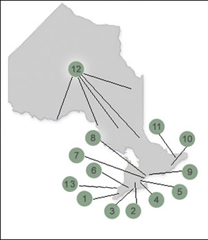 1. Southwestern Ontario Bioproducts Innovation Network (SOBIN), 2. Guelph Partnership for Innovation, 3. Waterloo Research and Technology Park Accelerator, 4. Golden Horseshoe BioSciences Network, 5. Research, Innovation, Commercialization Centre (R.I.C. Centre). 6. London Regional Innovation Network, 7. BioDiscovery Toronto, 8. York Biotech, 9. Greater Peterborough Area DNA Cluster, 10. Eastern Lake Ontario Regional Innovation Network, 11. Ottawa and Eastern Ontario Regional Innovation Network (OCRI Life Sciences), 12. Innovation Initiatives Ontario North, 13. The Research Park, Sarnia-Lambton