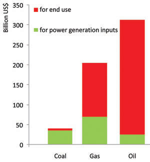 Fossil fuel subsidies by fuel, 2008. Source: IEA 