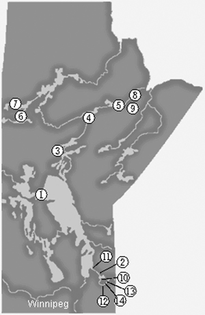 Manitoba Hydro’s generating stations: 1. Grand Rapids. 2. Great Falls. 3. Jenpeg. 4. Kelsey. 5. Kettle. 6. Laurie River I. 7. Laurie River II. 8. Limestone. 9. Long Spruce. 10. McArthur. 11. Pine Falls. 12. Seven Sisters. 13. Pointe du Bois. 14. Slave Falls.