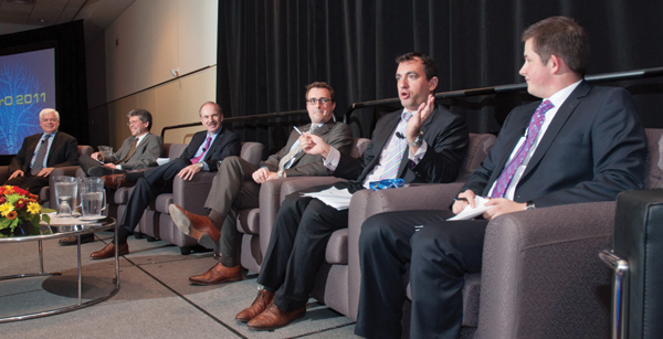 The APPrO 2011 political panel. L to R: Peter Tabuns, MPP; John Spears, Toronto Star; David Butters, APPrO; Will Stewart, Navigator Ltd.; Rob Silver, Crestview Strategy; David Coletto, Abacus Data. Out of the frame: Sean Conway, Gowling Lafleur Henderson, moderator.
