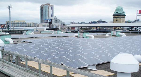 100 kW rooftop photovoltaic installation on the Horse Palace, installed 2005. At the time, the installation was the largest in Canada. With its purpose being partly to test the technology, it includes more than one model of module and inverter, along with diagnostics to compare their performance. Courtesy the City of Toronto.