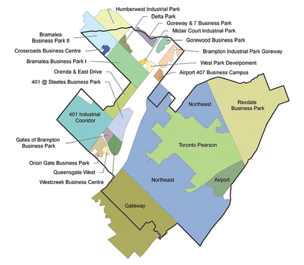 The Pearson Eco-Development Zone, a project of Partners in Project Green, centred on Pearson International Airport. The map shows a large number of business improvement areas, but the actors in any development will be one or more of a few large property managers, who will provide part of the funding for the development. Other funding will come from various service fees levied on business members. Funding for project development study has been provided by the Federation of Canadian Municipalities.