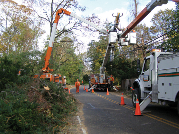 Crews from several Ontario distributors (Waterloo North Hydro, Orangeville Hydro, Kitchener Wilmot Hydro, Centre Wellington Hydro, Cambridge and North Dumfries Hydro, Guelph Hydro and Halton Hills Hydro) help out on Long Island. Courtesy Waterloo North Hydro.