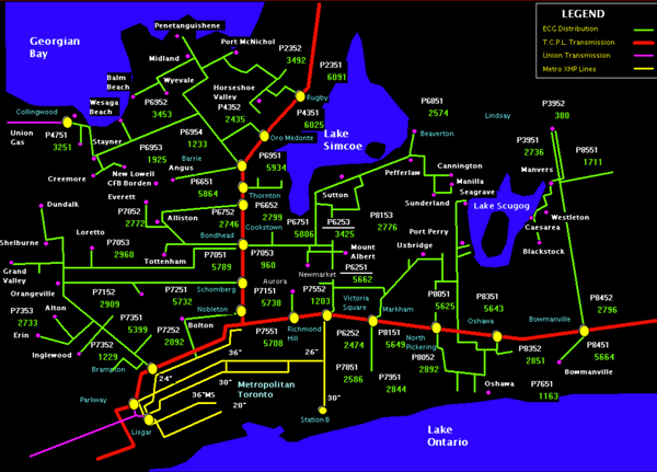 Each one of the nodes in this map of Enbridge's distribution grid in southern Ontario is a potential storage location.