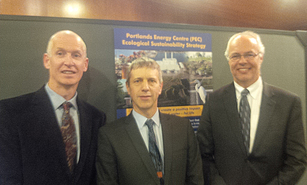 Curtis Mahoney, General Manager, Portlands Energy Centre (left), Ted Gruetzner, Director, Provincial Relations, OPG (centre) and Chris Young, Director, PEC (right), in front of PEC’s poster presentation at the Canadian Urban Institute Brownie awards on October 23, 2013.