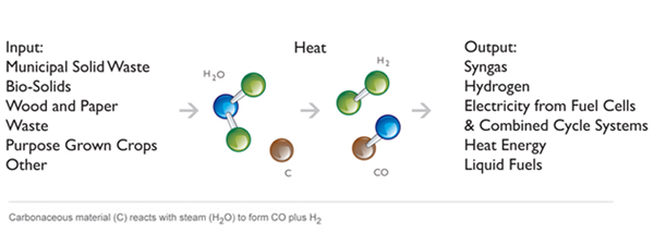 Major inputs and outputs in Elementa’s process. Carbonaceous material (C) reacts with steam to form CO plus H2.