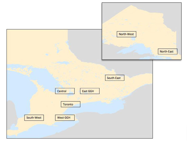 A map created  for discussion purposes by the Ontario Distribution Sector Review Panel, showing a potential eight regional distributors.