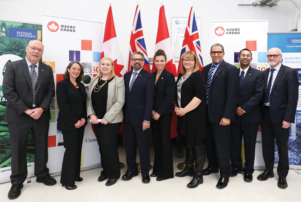 L-R: Thomas Duever, Dean, Faculty of Engineering and Architectural Science, Ryerson University; Julie Dabrusin, MP for Toronto-Danforth; Wendy Cukier, Vice-President Research and Innovation, Ryerson University; Mario Pinto, President, Natural Sciences and Engineering Research Council of Canada (NSERC); Kirsty Duncan PC MP, Minister of Science; Imogen Coe, Dean, Faculty of Science, Ryerson University; Mohamed Lachemi, Interim President and Vice-Chancellor, Ryerson University; Bala Venkatesh, Academic Director, Centre for Urban Energy, Ryerson University; Chris Evans, Interim Provost and Vice-President Academic, Ryerson University.