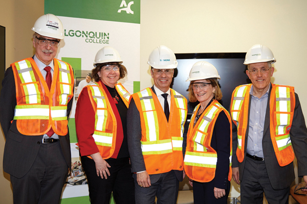 L to R: German Ambassador Werner Wendt, MP Anita Vandenbeld, Siemens Canada CEO Robert Hardt, Algonquin President Cheryl Jensen, and Energy Minister Bob Chiarelli.